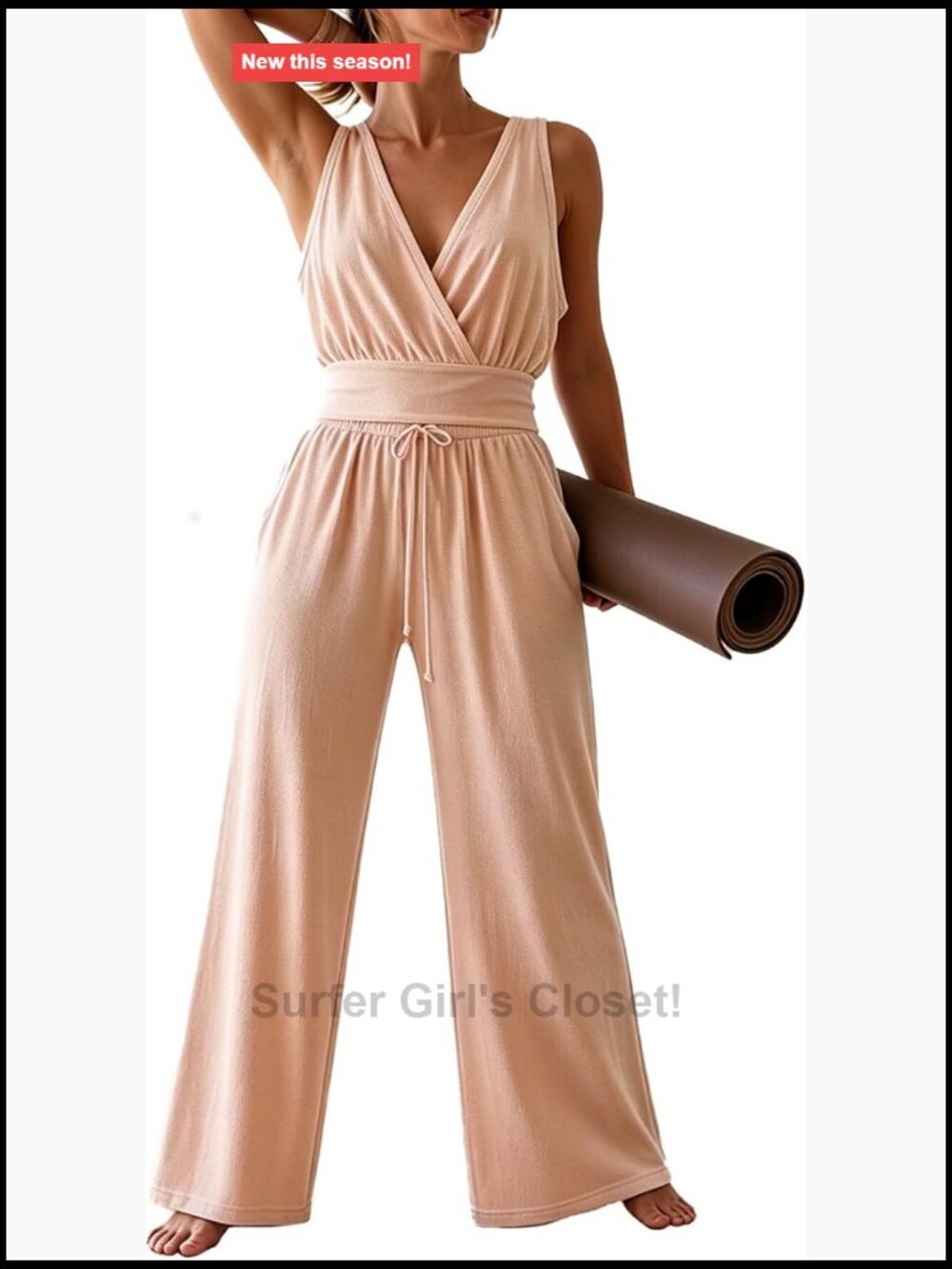 2 Piece Lounge Set Sleeveless V Neck Tank Wide Leg Pants Pockets Casual